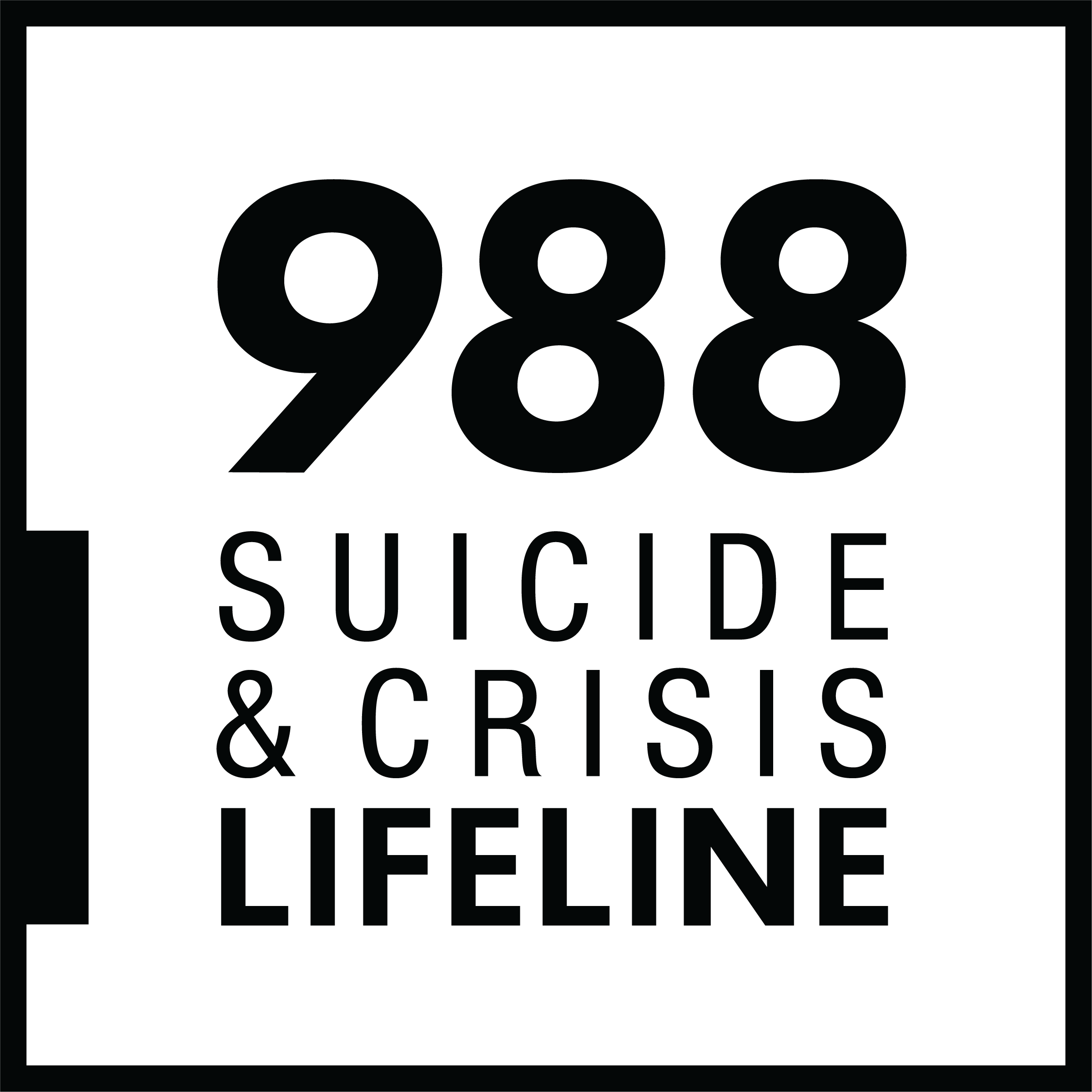 Logo of the National Suicide & Crisis Lifeline with their number to call or text in English or Spanish, 988 in black and white